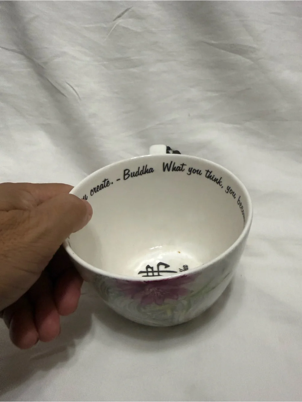 Buddha Stoneware Tea Cup - White and Black with Floral Accents